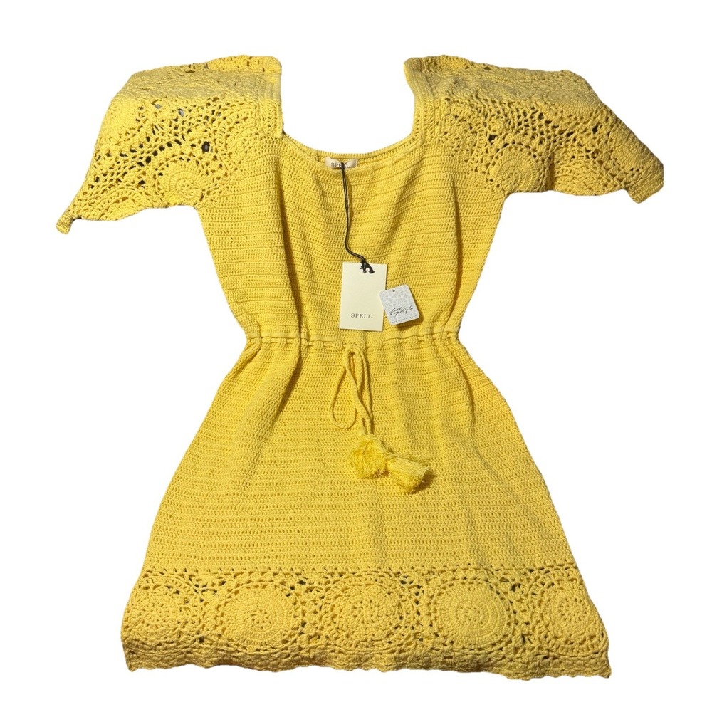 NWT  Spell Yellow Crochet Mini Dress 100% Organic Cotton Tassel Accent Size M
